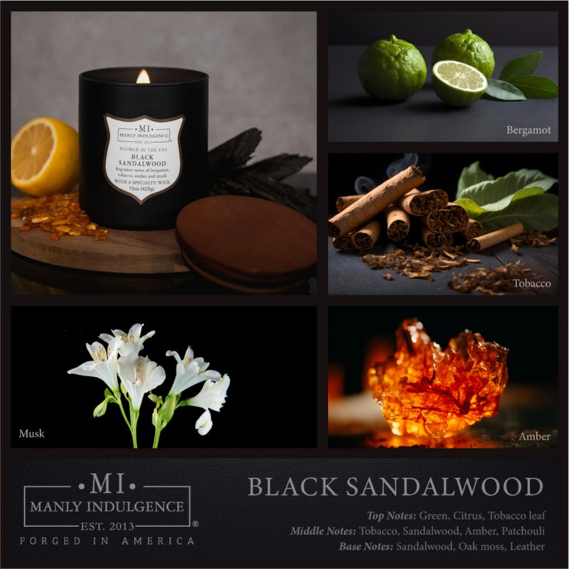 Manly Indulgence Black Sandalwood Scented Candle for Men 15 oz â€“ Bergamot, Tobacco, Amber & Musk - Wood Wick - Up to 60 Hours Burn - Soy Blend Wax, USA Poured â€“ Signature Collection - Image 2